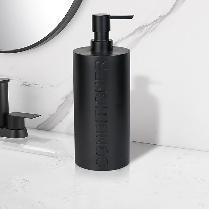 Indecor Home Matte Black Conditioner Dispenser Luxurious Refillable Pump Bottle with Black Resin Pump and Embossed Text, Durable Design for Bathroom and Shower