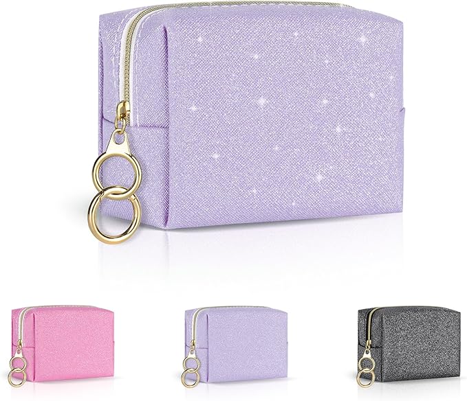 Playexen Mini Makeup Bag, Small Glitter Cosmetic Bag for Purse with Ring Buckle, Portable XS Travel Makeup Pouch for Girls Women Daily Use (Purple)