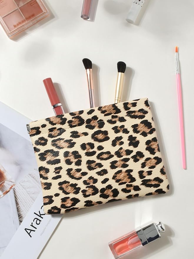 Ksriylm Leopard Leather Small Makeup Pouch for Women,Cosmetic Accessories,Waterproof and Portable Cosmetic Bag,Self-closing, No Zipper, Aesthetic Storage Pouch,Lipstick for Purse,Apricot Color