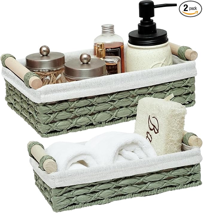 Baskets for Organizing, Set of 2 Green Wicker Bathroom Countertop Baskets with Liner, Paper Rope Basket Organizer with Wooden Handles for Vanity, Counter, Shelf Storage