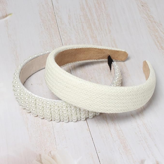 Cuizhiyu Pearl Headbands for Women Girls Wide Padded Straw Headband Cute White Pearl Dainty Headbands Bling Wedding Hairbands Hair Accessories Pack of 5 (Color B)