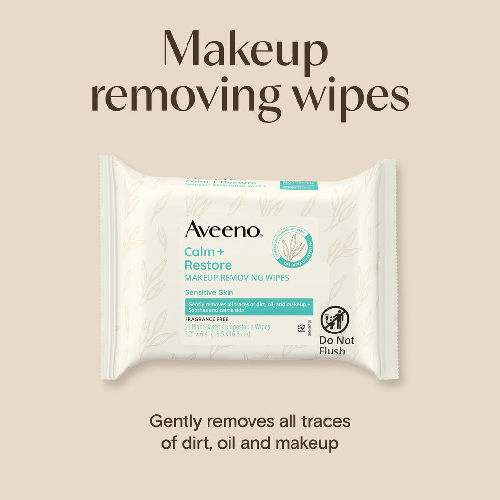 Aveeno Calm + Restore Unscented Makeup Remover Wipes, Alcohol-Free, 25 Ct