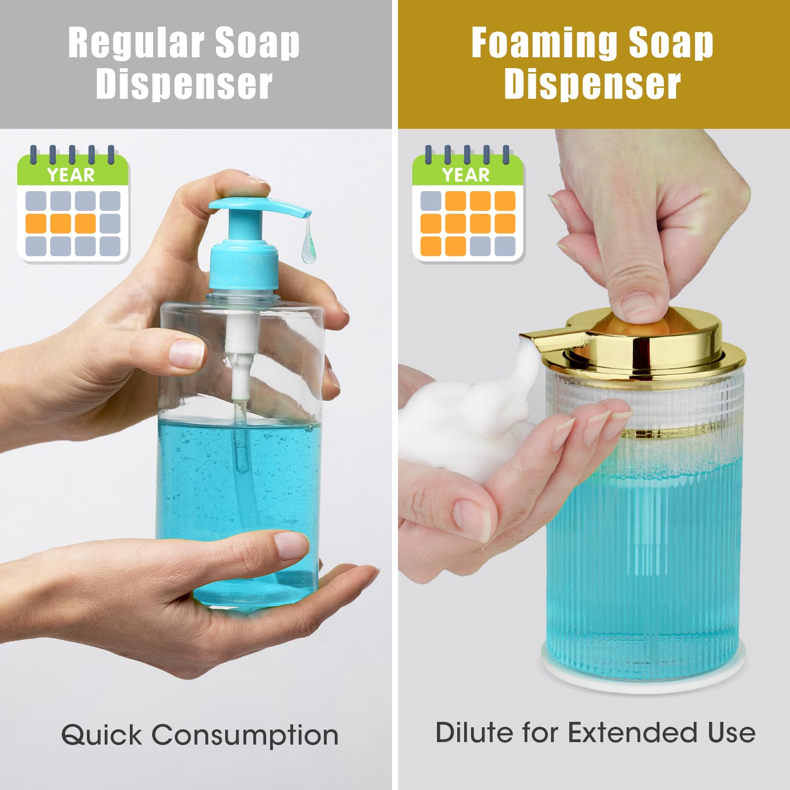 NiHome 14oz Multifunctional Glass Foaming Hand Soap Dispenser with Elegant Stripe Pattern, High-Capacity Easy to Refill for Home & Commercial Use, Advanced Foam Pump & Non-Slip Base (Gold)