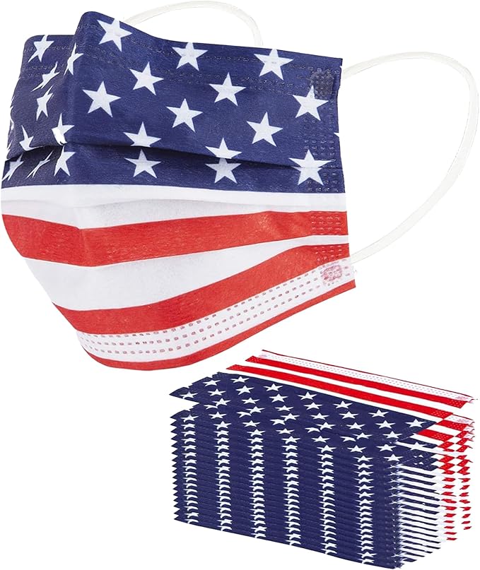 akgk 100PCS Disposable Face Masks with USA Flag Print, 3-Ply Breathable Face Mask For Adults