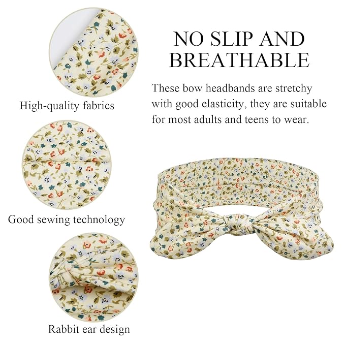 12 Pack Wild Floral Bow Headbands for Women Elastic Headwraps Hair Band Yoga Running Sports Knotted Headband Stretchy Rabbit Ears Turban Fashion Sport Cute Hair Accessories（Elastic Floral Hairbands）