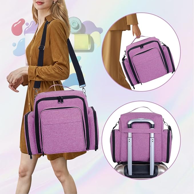 YAHOURWAT Nail Polish Organizer Holds 60 Bottles and a Nail Lamp,Portable Travel Case with 2 Removable Bags and Tools Storage Pockets Purple
