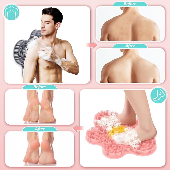 New Silicone Shower Foot Scrubber Mat, Large Wall-Mounted Back Scrubber Back Washer with Long Bristles & Powerful Suction Cups, Easy to Clean Exfoliate and Massage Without Bending(Pink)