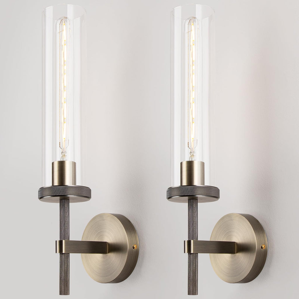 Micstar 19.5" Knurled Bronze Wall Sconces Set of 2, Bathroom Vanity Light Fixtures with Clear Glass Tube, Modern Lamp Lighting for Bedroom, Living Room, Hallway, Staircase, Mirror, Kitchen
