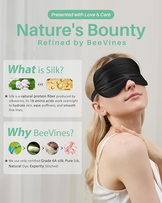 BeeVines Sleep Mask, 2 Pack 100% Real Natural Silk Eye Masks with Adjustable Strap for Sleeping, Mulberry Silk Eye Sleep Shade Cover, Blocks Light Reduces Puffy Eyes Traveling Gifts (Black &Black)