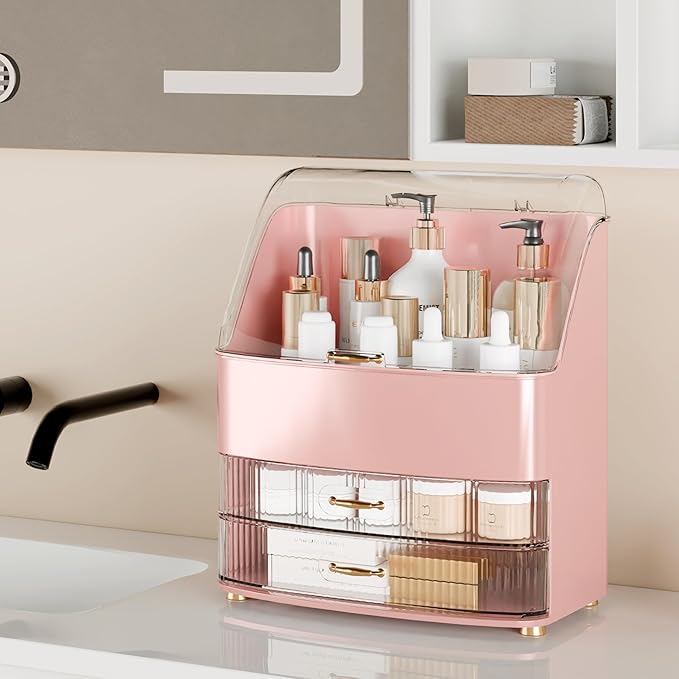 Plukers Makeup Organizer Countertop Vanity with Transparent Lid Drawers Waterproof Dustproof Cosmetic Skincare Bathroom Storage Gift for Women Teens Girls (Pink)