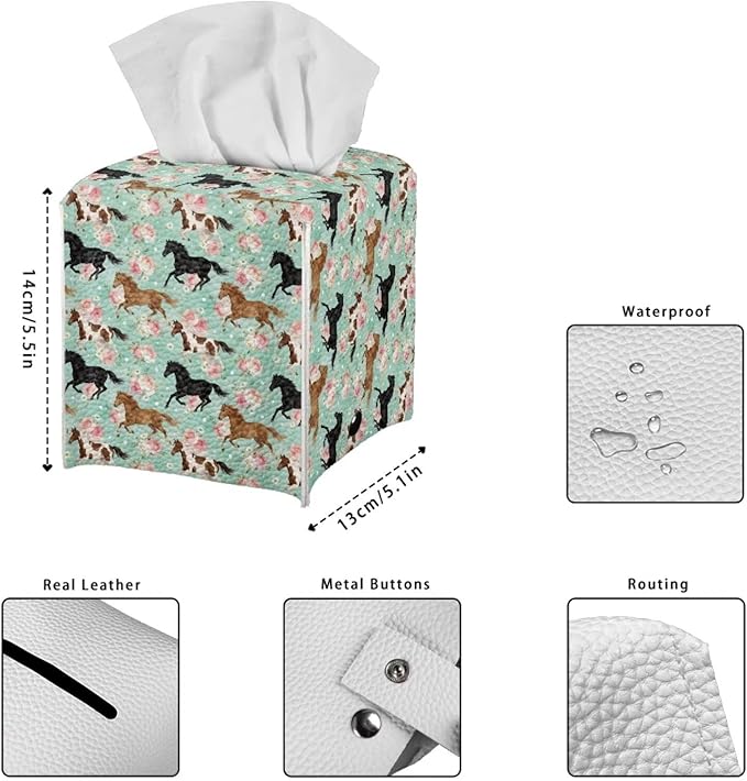 Horses Modern Tissue Box Holder, Waterproof Square PU Leather Napkin Case with Metal Button Closure, Decorative Tissue Cover Organizer for Vanity, Desk, Car, and Living Room