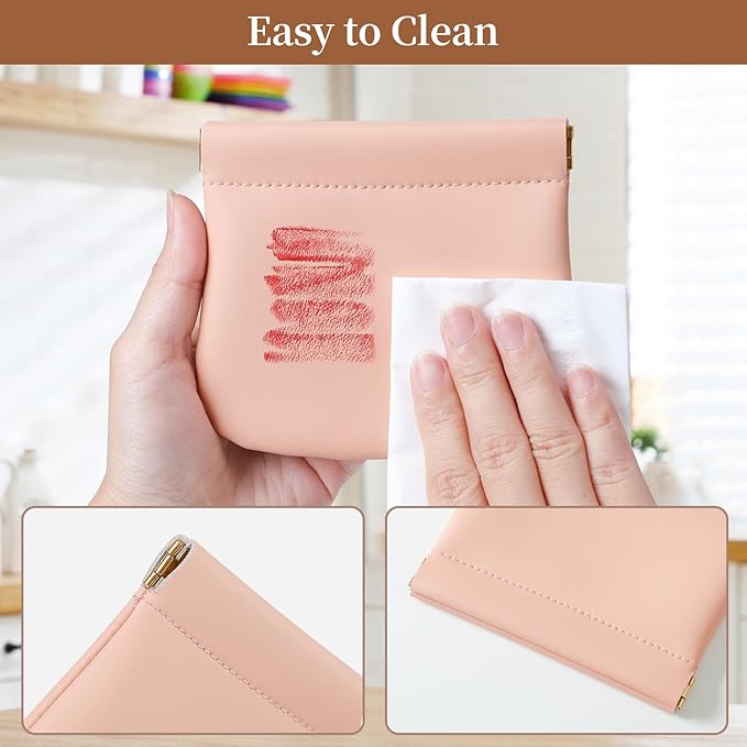 MEIBOOCH 2 Pack Small Makeup Bag for Women, New Organosilicon Super Fiber PU Leather Mini Cosmetic Bag for Travel, Coin Purse Organizer Storage Pouch (No Phrase Printed, Pink)