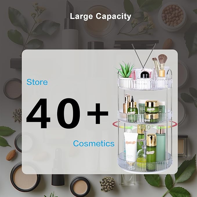 Niluks 360 Rotating Makeup Organizer, 3 Tier Large Capacity Lazy Susan Bathroom Counter Organizer, Skincare Organizers, Spinning Perfume Organizer & Vanity Organizer Countertop (Silver Clear, 3 Tier)