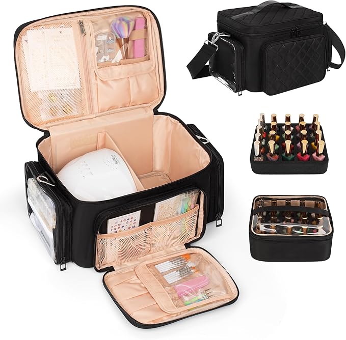 Bagmoly Nail Polish Organizer, Nail Polish Storage Holds 42+ Bottles & Nail Lamp, Portable Travel Nail Kit Storage Carrying Case Fits Nail Suppiles, Gift for Manicurist, Grils - Black