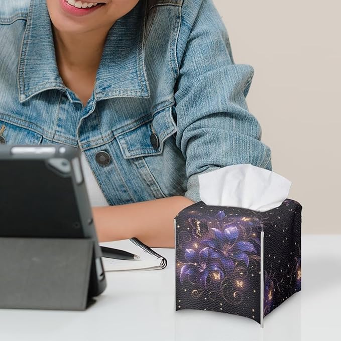 Purple Flower Tissue Box Holder Stylish Leather Square Tissue Box Cover with Top Handle Waterproof Napkin Case Holder Home Office Bathroom Decor