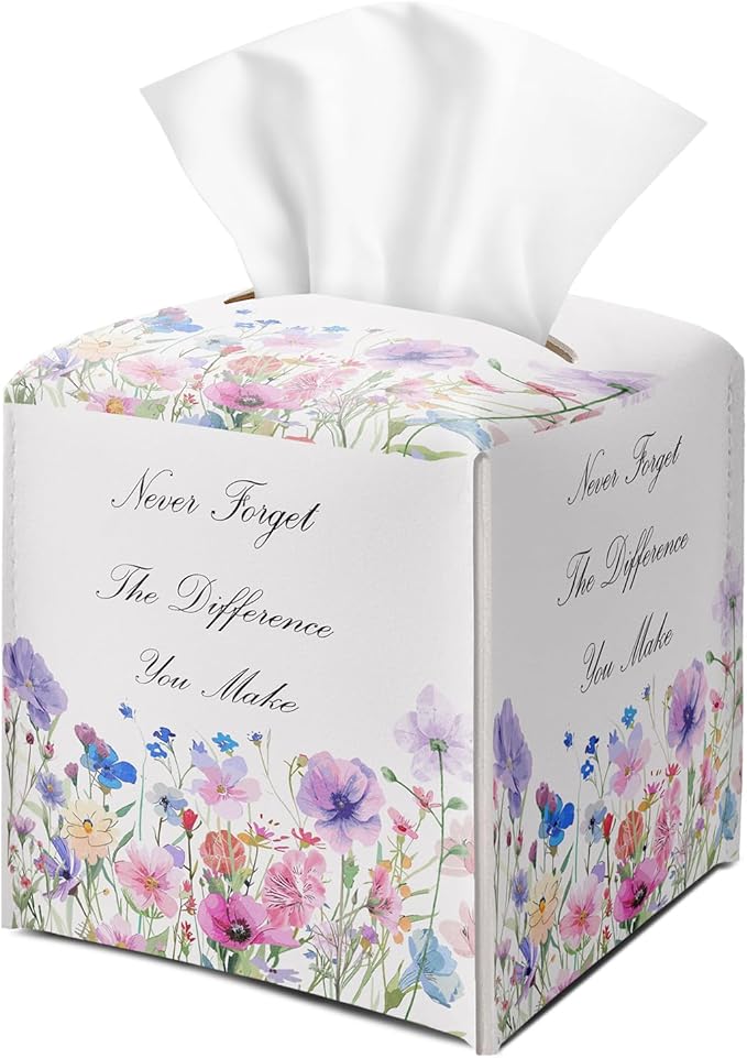Vintage Floral Purple Tissue Box Cover Square with Bottom Belt, Wildflowers Leather Waterproof Tissue Holder Facial Paper Case for Tabletop Home Office Bathroom Car Decor -09