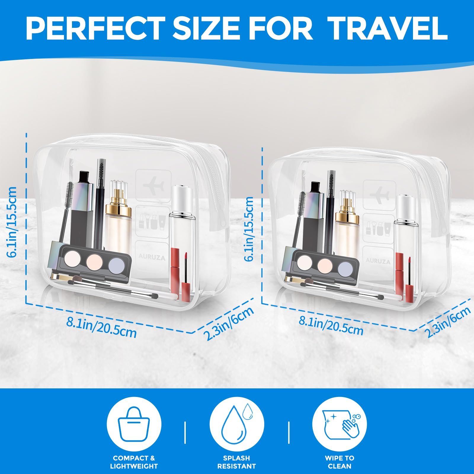 AURUZA 2 Pack Travel Toiletry Bag, Clear Makeup Bag, TSA Approved Cosmetic Bag with Zipper, Clear Organizer Carry on Bag for Women, PVC Cosmetic Pouch