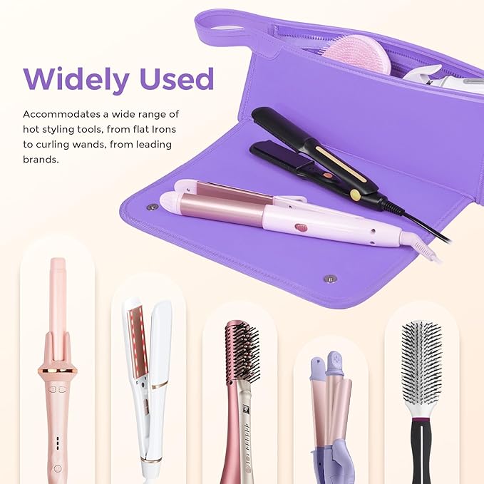 Hair Tools Travel Bag and Heat Resistant Mat, 2 in 1 Portable Organizer Hair Travel Case for Curling Iron, Hair Straightener, Flat Irons, PU Hangable Handle, Neoprene (Purple)