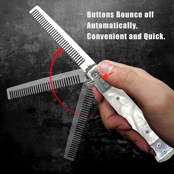 Folding Pocket Comb, Stainless Steel Beard Comb for Men, Switchblade Fine Tooth Mustache Combs Designed for Hair Salon Beauty Tool (Milky)