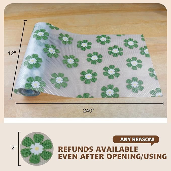 Drawer and Shelf Liner for Kitchen Cabinet,Non-Adhesive Waterproof EVA Drawer Liner for Dresser & Bathroom Vanities with Cutting Tool(12 in X 20 Ft Green Chrysanthemum)