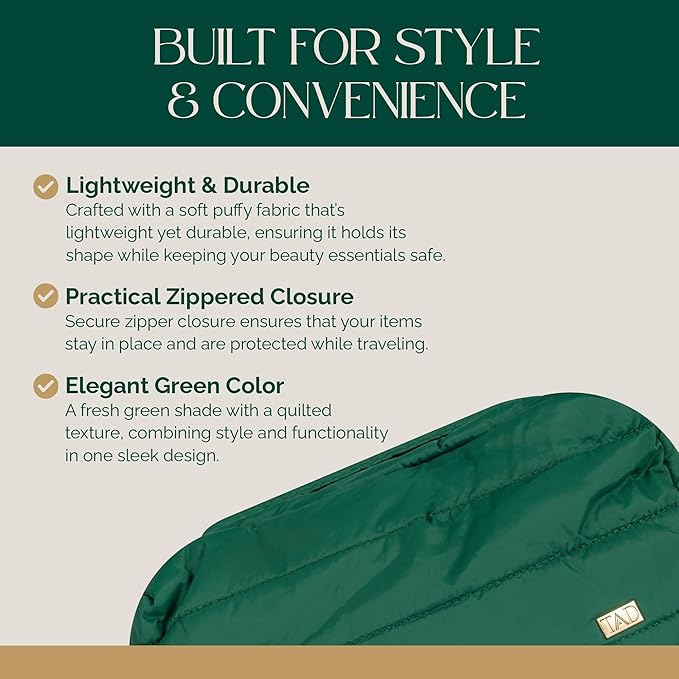 TAD Beauty - Makeup Bag Organizer - Puffy Travel Cosmetic Pouch - Large Capacity Toiletry Case - Makeup Bag with Zippered Mesh Pocket - Storage for Skincare & Beauty Essentials - Chic Green Aesthetic