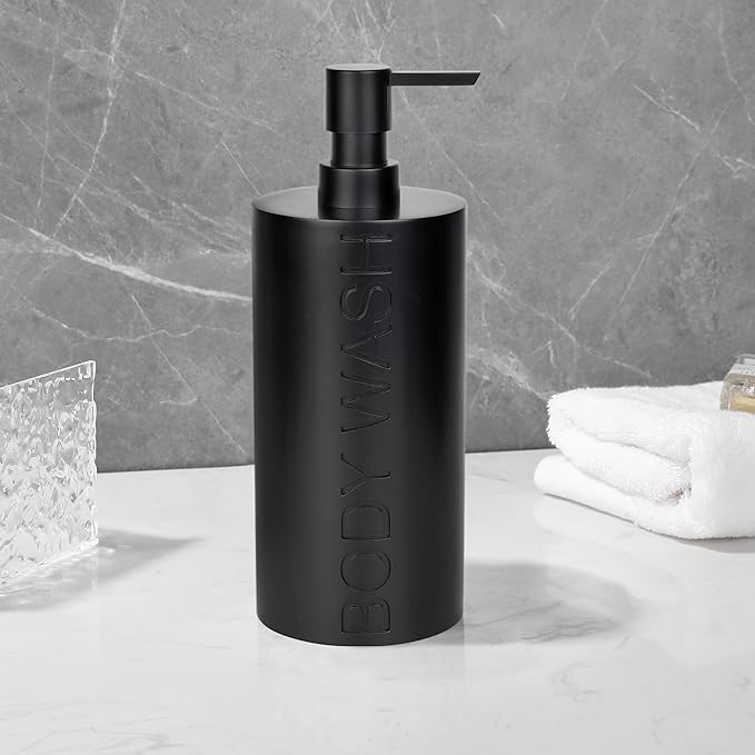 Indecor Home Matte Black Body Wash Dispenser Luxurious Refillable Pump Bottle with Embossed Text, Durable Construction for Bathroom and Shower