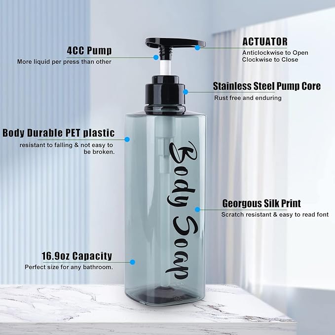 AUMIO 16.9oz Refillable Shower Soap Dispenser with Pump - 3 Chamber No Drill for Shampoo, Conditioner & Body Wash, Blue Clear Plastic Bottle Dispenser, Bathroom Organizer with 6 Waterproof Labels