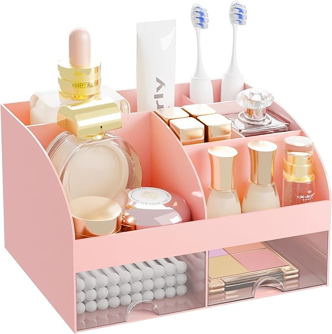 Makeup Organizer with 2 Drawers, Cosmetic Storage for Dresser Vanity and Bathroom Countertop,Make up organization and Skincare Storage with Beauty Brush Holder, Cosmetic Display Case (White)