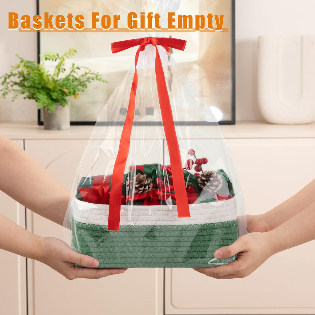OIAHOMY 4 Pack Storage Baskets for Organizing, Small Bins for Shelves, Cute Decorative Storage Bins, Organizer Baskets for Gifts Empty, 11.8''Lx7.8''Wx4.7''H, Green/White