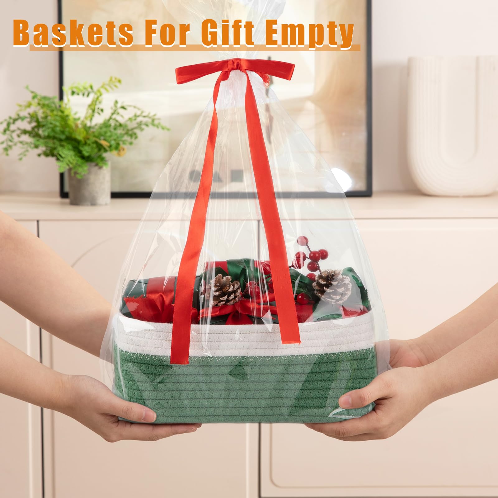 OIAHOMY 4 Pack Storage Baskets for Organizing, Small Bins for Shelves, Cute Decorative Storage Bins, Organizer Baskets for Gifts Empty, 11.8''Lx7.8''Wx4.7''H, Green/White