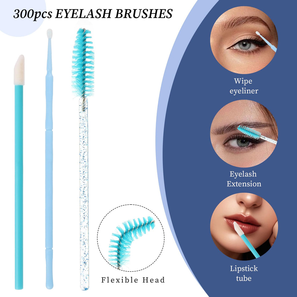 300 PCS Eyelash Extension Supplies Kit, Disposable Micro Swab Brush, Eyebrow Spoolie, Lip Brush, Mascara Wand Applicator (Light blue kits)