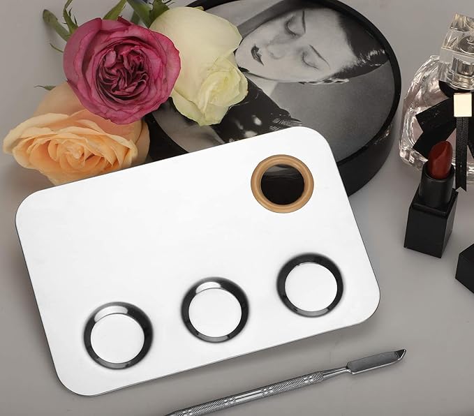 KissDate Makeup Mixing Palette, 6x4inch Stainless Steel Makeup Palette 3-well Nail-art Cosmetic Artist Mixing Palette with Makeup Spatula, Stocking Stuffers Christmas Gifts for Women