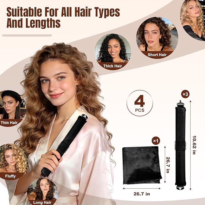 TULOBI 3 Pcs Heatless Curls Overnight - Velvet Heatless Hair Curler with Satin Scarf, Overnight Jumbo Rods, Blowout Hair Curlers to Sleep in for Fine/Thick/Long Hair (Black)