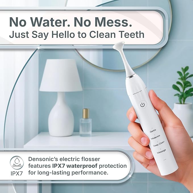 DENSONIC Electric Flosser Kit with Tongue Scraper | No Water, No Mess | Easy Gliding Dental Floss for Gentle Gum Care | Cordless Sonic Power | 50 Replaceable Heads [Glacier White]