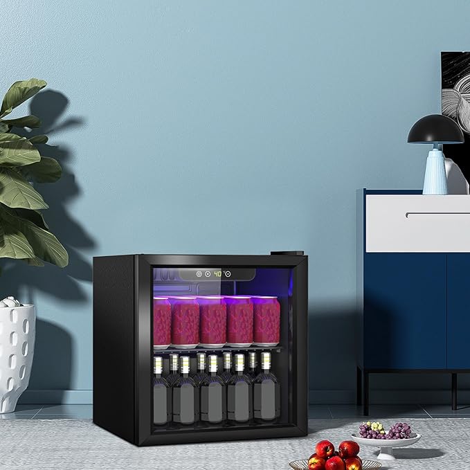 Stopsad Compact Beverage Refrigerator, 1.3Cu.Ft/60 Can Mini Fridge with Glass Door and Digital Display, Small Drink Fridge with Adjustable Shelves for Soda, Beer, or Wine, Compact Fridge for Bedroom