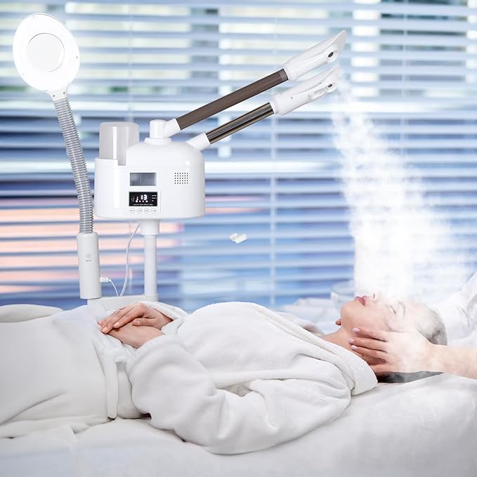 Saicool Professional 3 in 1 Facial Steamer, Stand on Wheels with 5X LED Magnifying Lamp, Use at Home or Salon SPA Esthetician with hot and Cold Nozzle for Skin Deep Clean