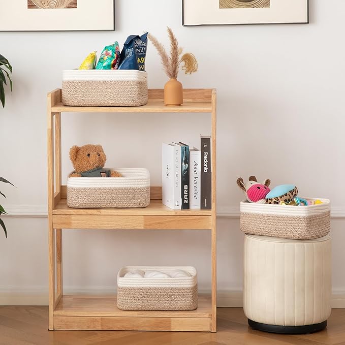 OIAHOMY 4 Pack Storage Baskets for Organizing, Small Bins for Shelves, Cute Decorative Storage Bins, Organizer Baskets for Gifts Empty,13''Lx8.7''Wx5.1''H, Brown/White