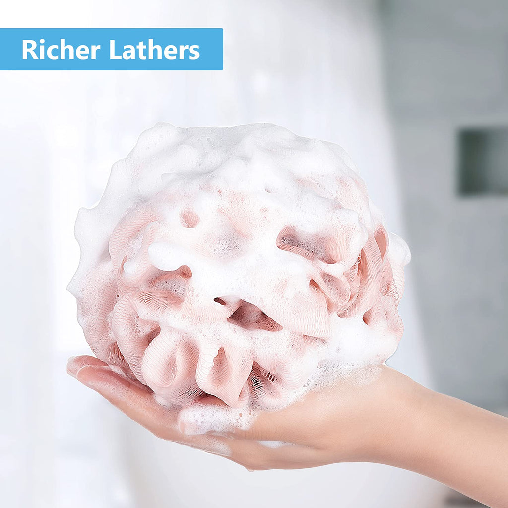 VANZAVANZU Bath Loofah Large 80g Shower Sponge Body Scrubber Mesh Pouf for Men and Women, Set of 4 (Pink)