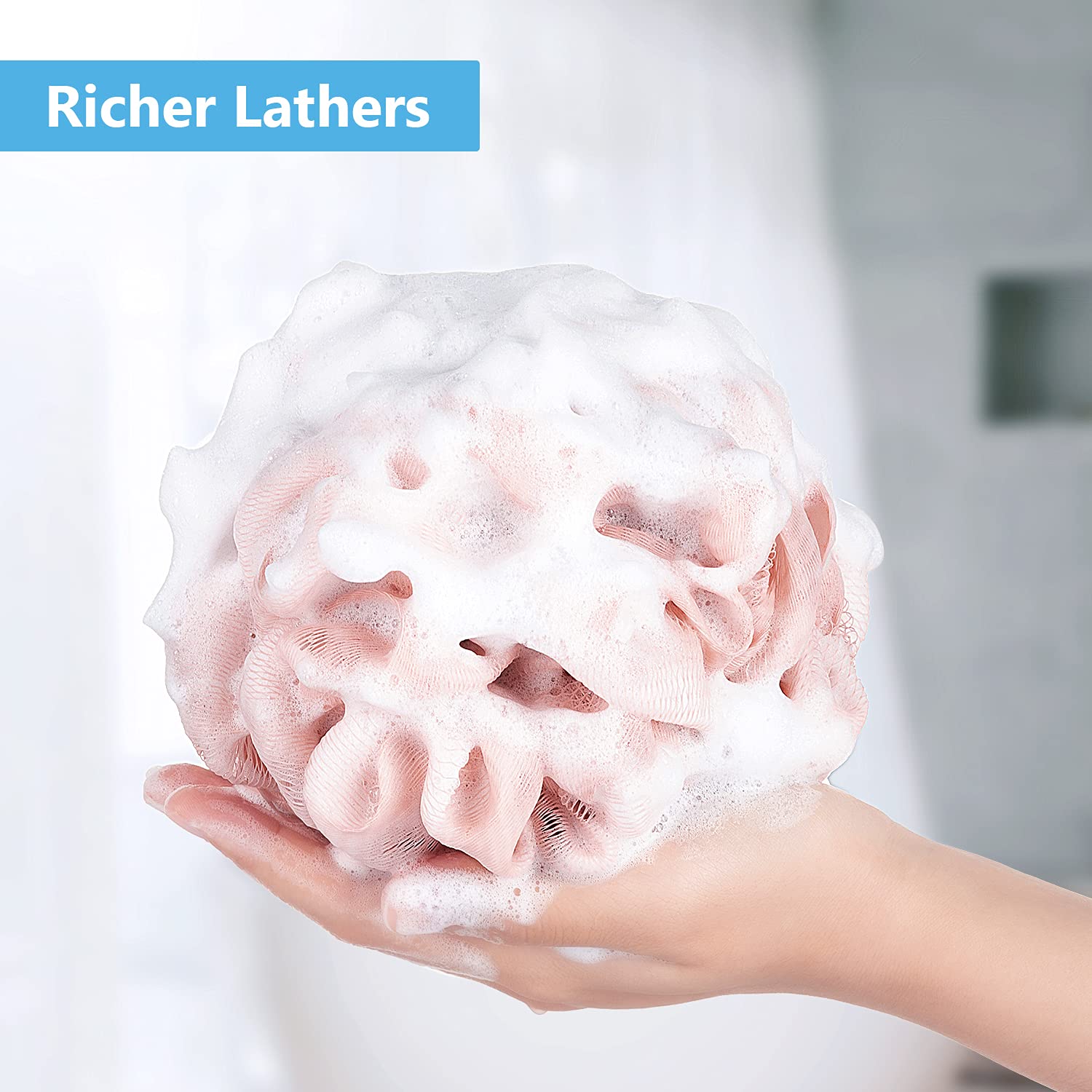 VANZAVANZU Bath Loofah Large 80g Shower Sponge Body Scrubber Mesh Pouf for Men and Women, Set of 4 (Pink)