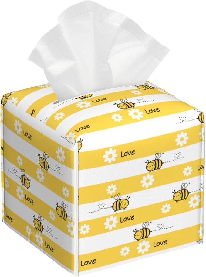 Cute Bees and Daisy Flowers Tissue Box Cover Square,Yellow Bee Daisies Love Tissue Box Holder Waterproof Leather Facial Paper Organizer Dispenser for Bathroom Home Car Nightstand Vanity Desk