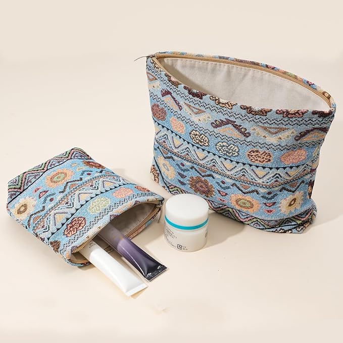 BOCGRPU 2 PCS Bohemian Makeup Bag Small Cute Cosmetic Bags for Women，Floral Travel Toiletry Bag for Purse, Large Canvas Cosmetic Pouch Makeup Organizer Tool Pouch with Zipper（Bohemian Blue）