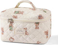 uekeboag Large Travel Quilted Makeup Bag for Women, Floral Cotton Cosmetic Bag, Coquette Aesthetic Floral Toiletry Organizer Bag (03White-Bear)