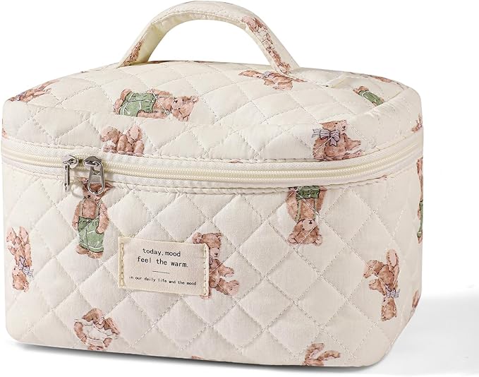 uekeboag Large Travel Quilted Makeup Bag for Women, Floral Cotton Cosmetic Bag, Coquette Aesthetic Floral Toiletry Organizer Bag (03White-Bear)