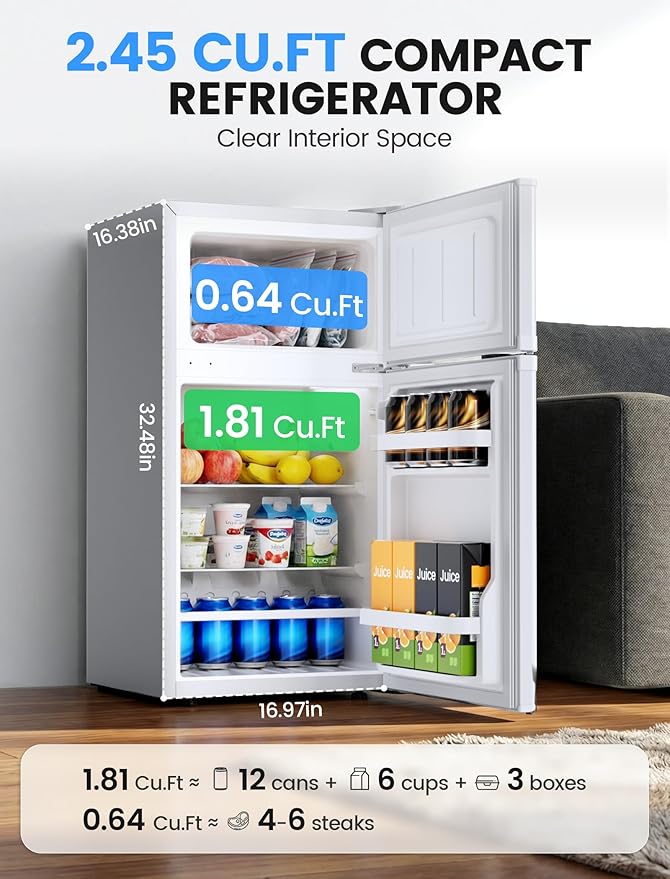COWSAR 2.5 Cu.Ft Mini Fridge with Freezer, Double Reversible Door Compact Apartment Refrigerator with 2 Removable Shelves, Commercial Dorm Fridge for Bedroom, Office, Kitchen, Dorm, White