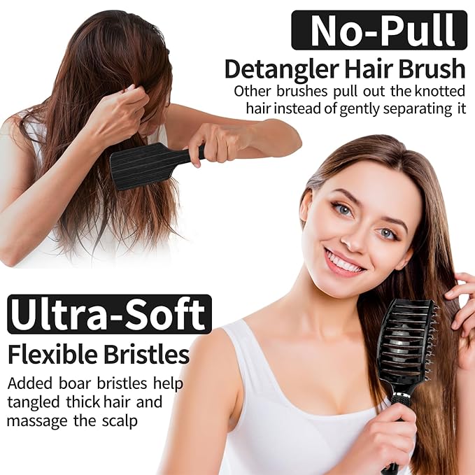 Boar Bristle Hair Brush Set of 2, HIPPIH Wet & Dry Hair Brushes Made by Fine Natural Boar Hair Can Adds Shine and Smoothing, Detangling Hairbrush for Women, Men & Kids' Long Curly Thick Hair
