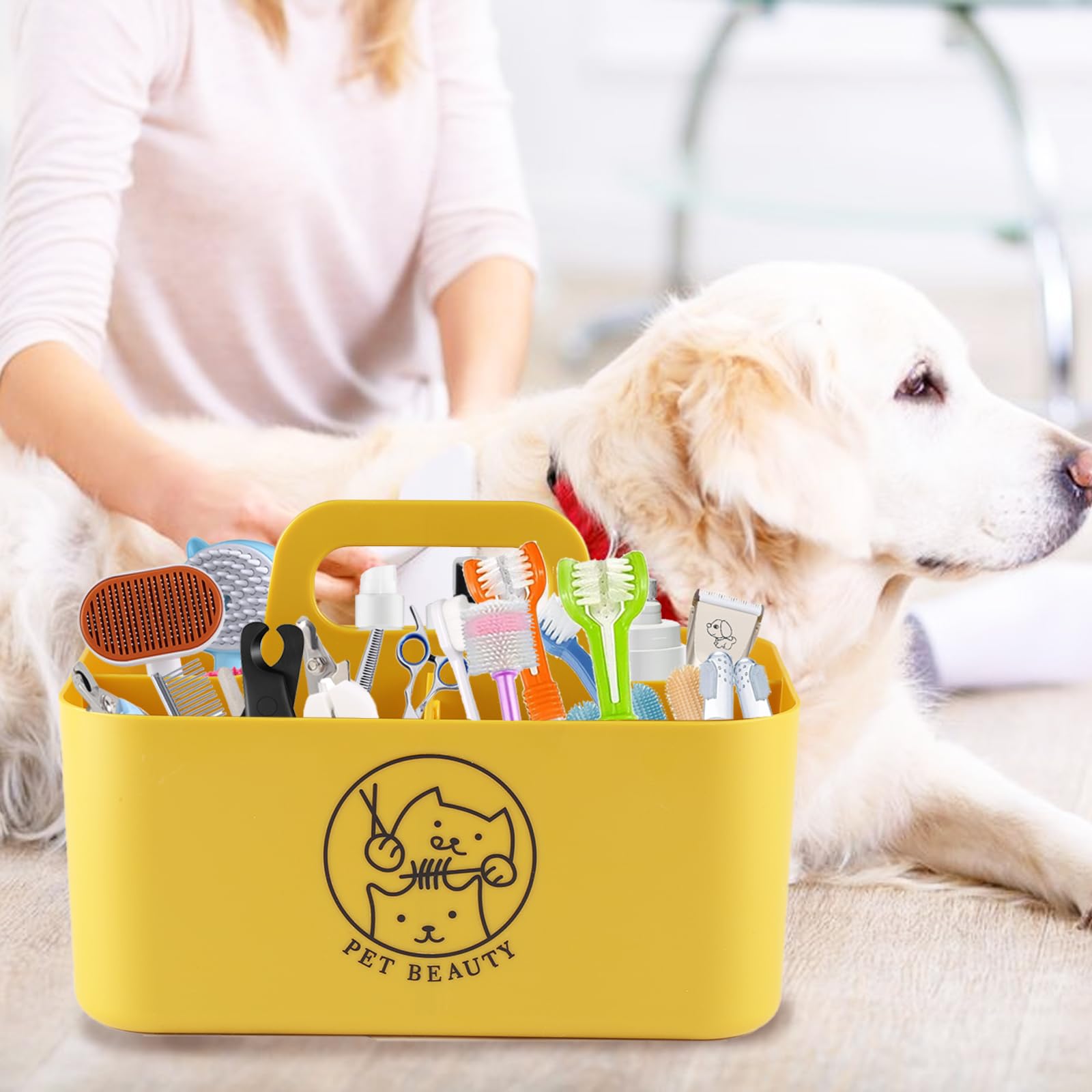 Brabtod Dog Storage Organizer for Grooming Supplies,Portable Caddy Organizer for Pet Stuff,Divided Storage Bin for Dog Cat Grooming Kit,Dog Stuff Organizer with Handle for Shampoo,Clipper,Comb-Yeloow