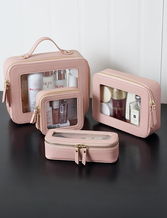 Popvibe Clear Makeup Case Pink Toiletry Bag Travel Medium Clear Cosmetic Bag with Zipper, Small Make Up Bag Organizer Traveling TSA Approved Transparent Bag Car for Essentials