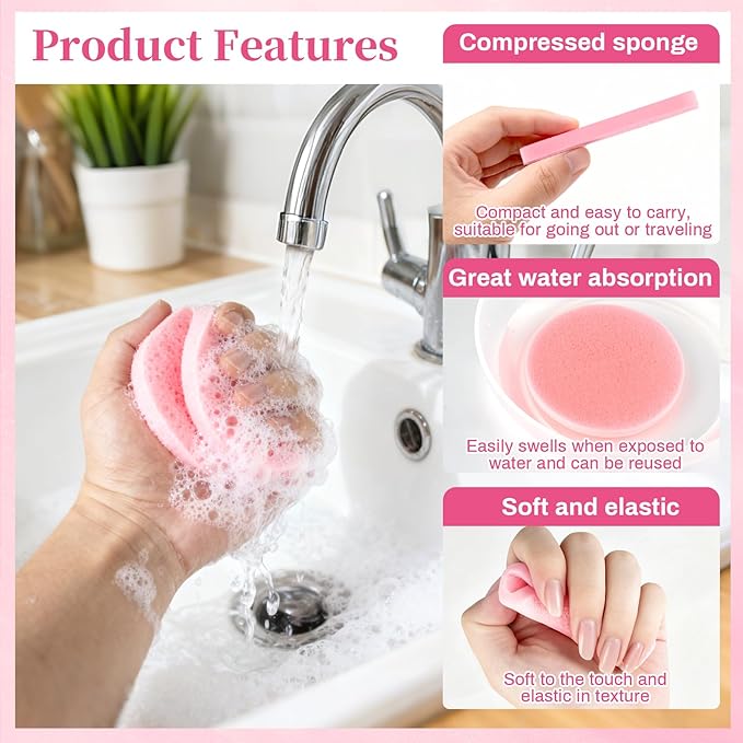 RAQEHO 60pcs Compressed Facial Sponges - Round Face Sponge Disposable Travel Facial Cleansing Pads Makeup Sponge for Face Wash Exfoliating Remover Skin Care Beauty Tool Esthetician Essential（Pink）