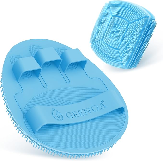Silicone Bath Glove & Face Scrubber Set 2PCS, 360° Anti-Slip & Hand-fit Body Scrubber for Rich Foaming Deep Cleaning, Unique Facial Scrubber with Side-bristles for Contoured Areas.(Blue)