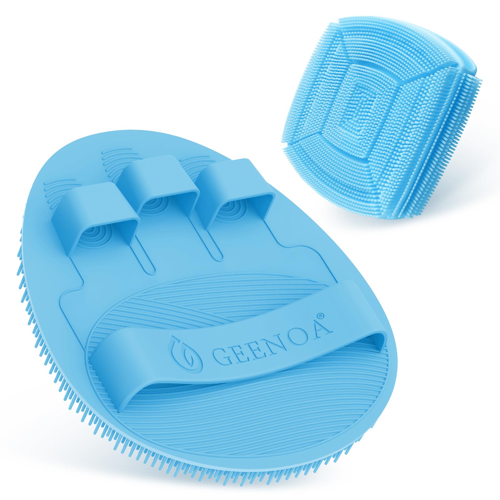 GEENOA Silicone Bath Glove & Face Scrubber Set 2PCS, 360° Anti-Slip & Hand-fit Body Scrubber for Rich Foaming Deep Cleaning, Unique Facial Scrubber with Side-bristles for Contoured Areas.(Blue)